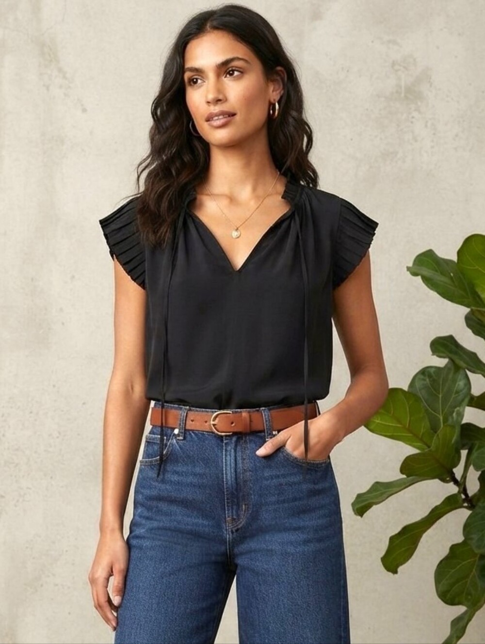 NWT Rielle Ruffle Sleeve Blouse Black Tie Neck Size Small